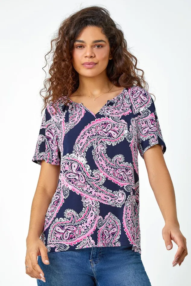 Women Pink Textured Paisley Print Stretch TShirt Roman Tops