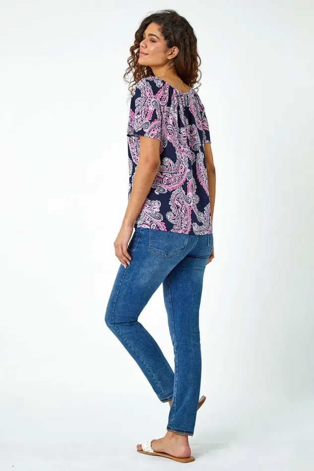 Women Pink Textured Paisley Print Stretch TShirt Roman Tops