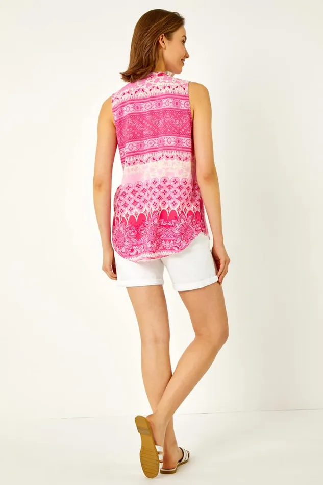 Women Pink Tile Print Button Through Blouse Roman Tops