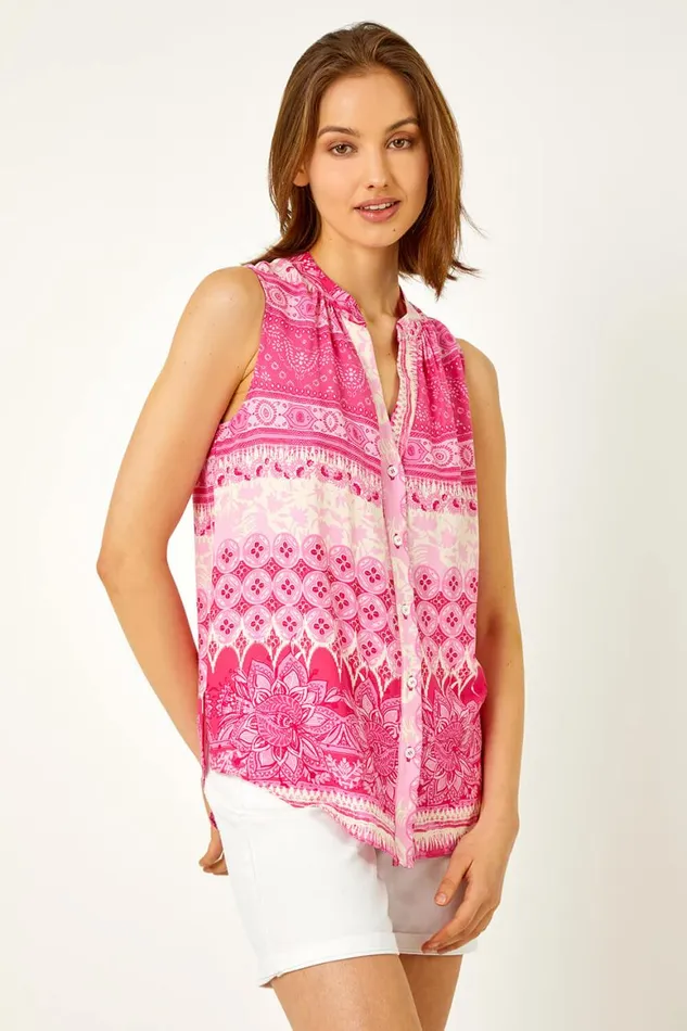 Women Pink Tile Print Button Through Blouse Roman Tops