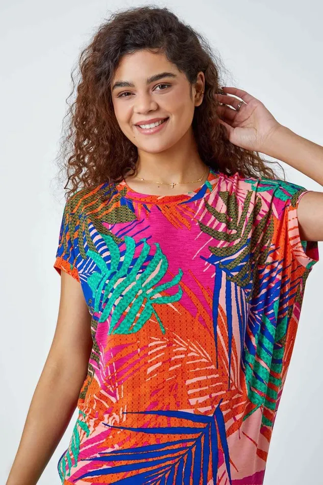 Women Pink Tropical Print Cocoon Stretch Top Roman Tops