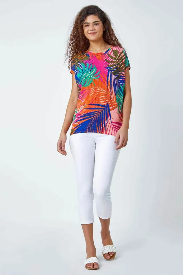 Women Pink Tropical Print Cocoon Stretch Top Roman Tops