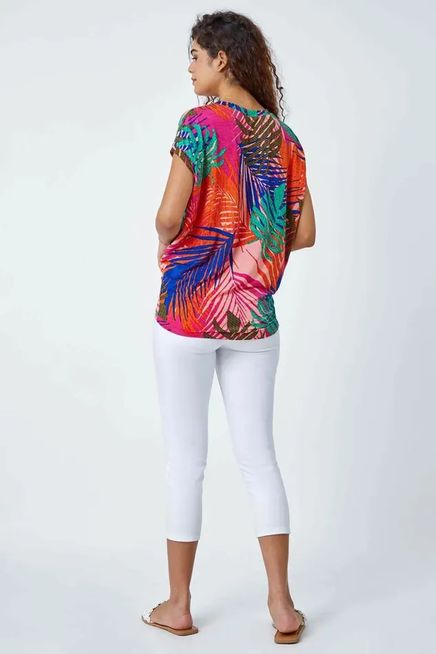 Women Pink Tropical Print Cocoon Stretch Top Roman Tops