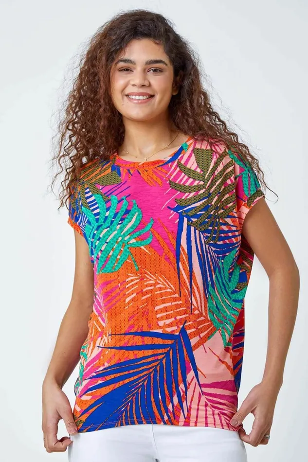 Women Pink Tropical Print Cocoon Stretch Top Roman Tops