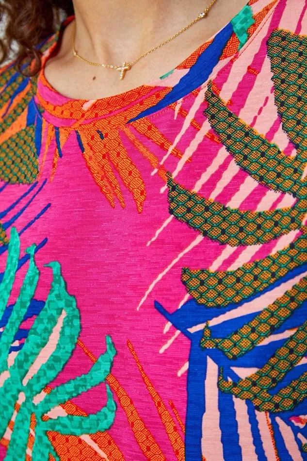 Women Pink Tropical Print Cocoon Stretch Top Roman Tops