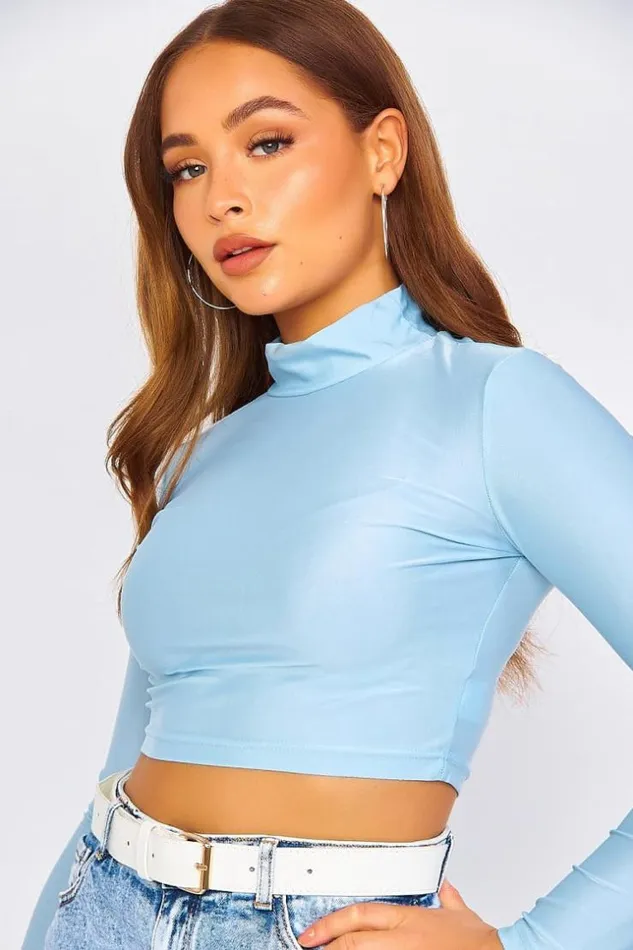 Women Plain Blue High Neck Crop Top Blue Brentiny Paris Top And Tank Tops