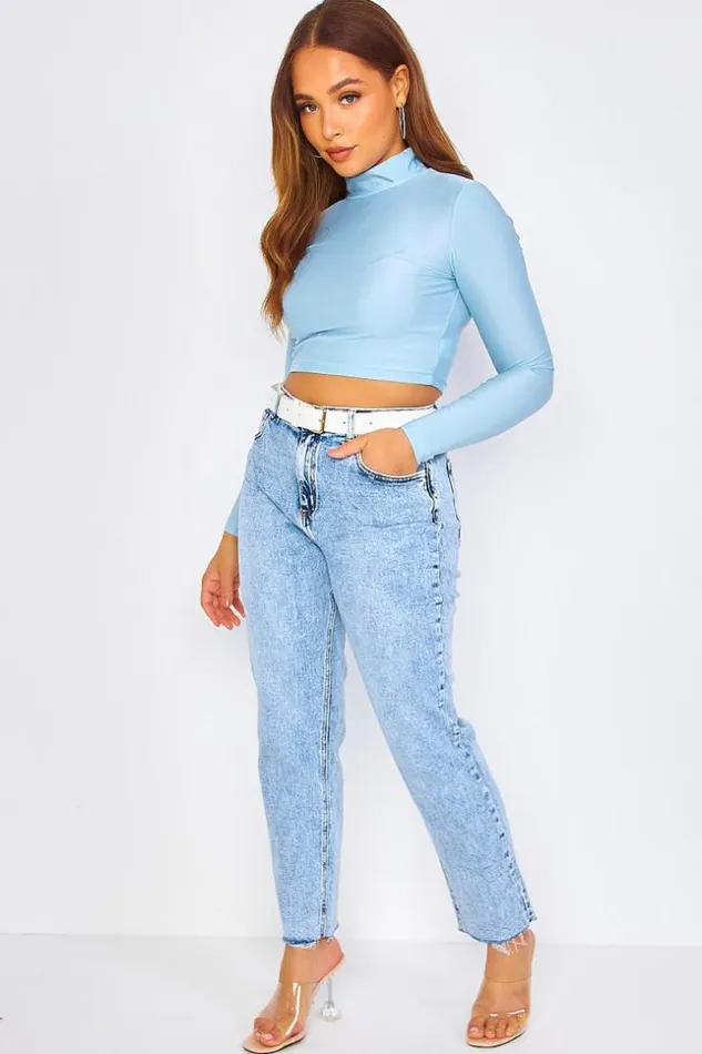 Women Plain Blue High Neck Crop Top Blue Brentiny Paris Top And Tank Tops
