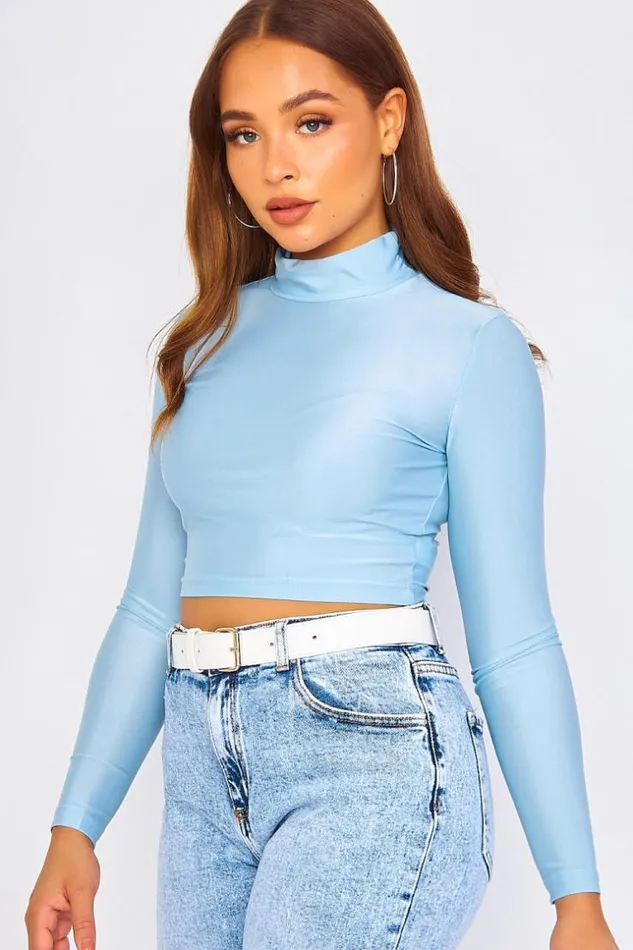 Women Plain Blue High Neck Crop Top Blue Brentiny Paris Top And Tank Tops