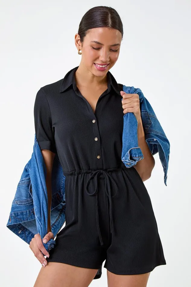 Women Plain Ribbed Stretch Playsuit Roman Dresses