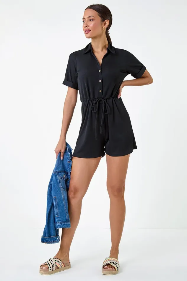 Women Plain Ribbed Stretch Playsuit Roman Dresses