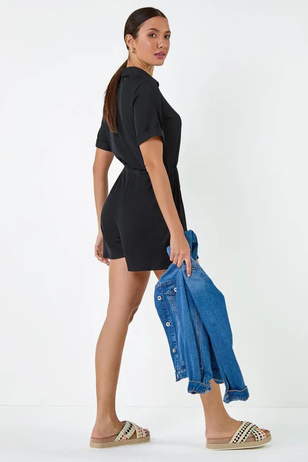 Women Plain Ribbed Stretch Playsuit Roman Dresses
