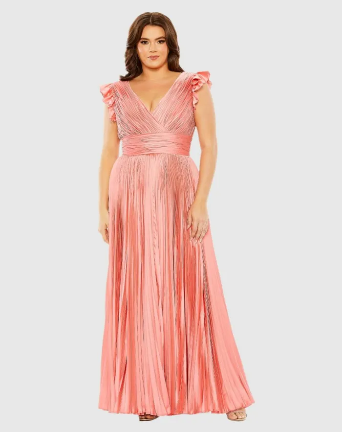 Women Plus Size Dresses Mac Duggal Flutter Sleeve Pleated VNeck Dress Coral
