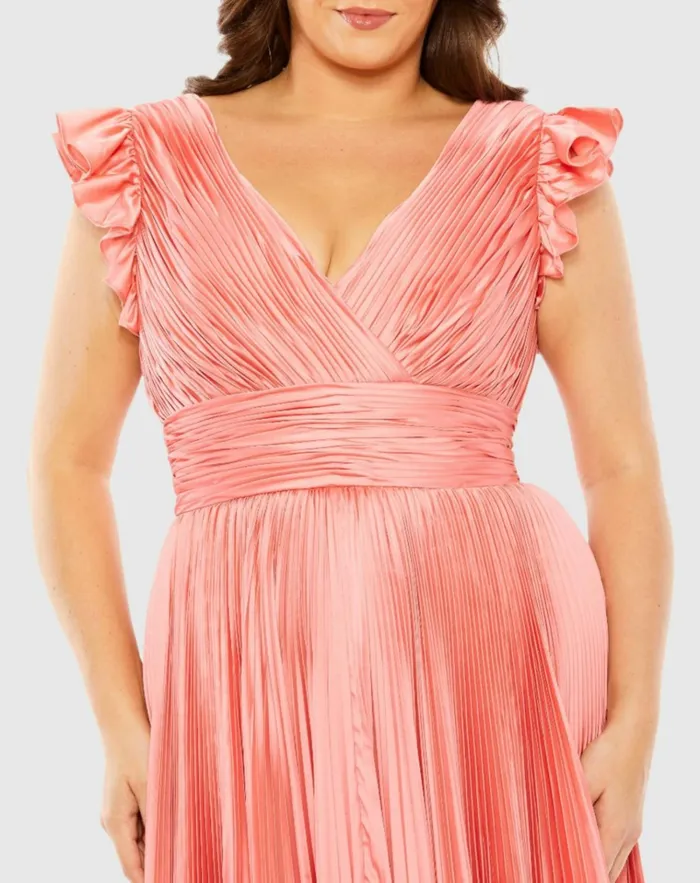 Women Plus Size Dresses Mac Duggal Flutter Sleeve Pleated VNeck Dress Coral Women Plus Size Dresses Mac Duggal Flutter Sleeve Pleated VNeck Dress Coral