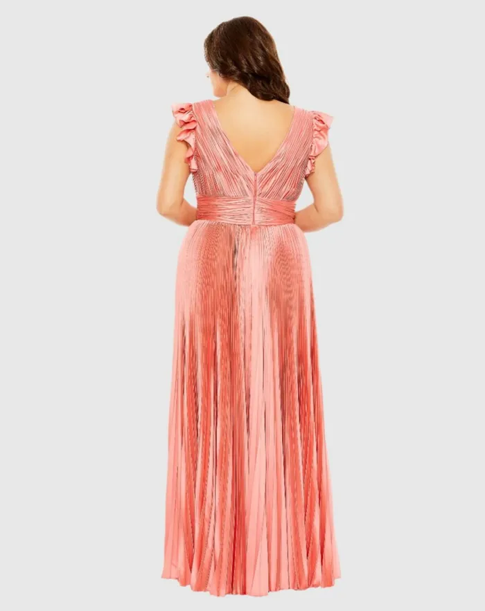 Women Plus Size Dresses Mac Duggal Flutter Sleeve Pleated VNeck Dress Coral Women Plus Size Dresses Mac Duggal Flutter Sleeve Pleated VNeck Dress Coral