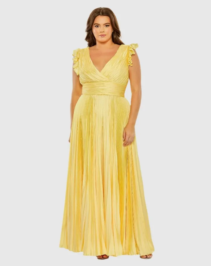 Women Plus Size Dresses Mac Duggal Flutter Sleeve Pleated VNeck Dress Coral Women Plus Size Dresses Mac Duggal Flutter Sleeve Pleated VNeck Dress Coral