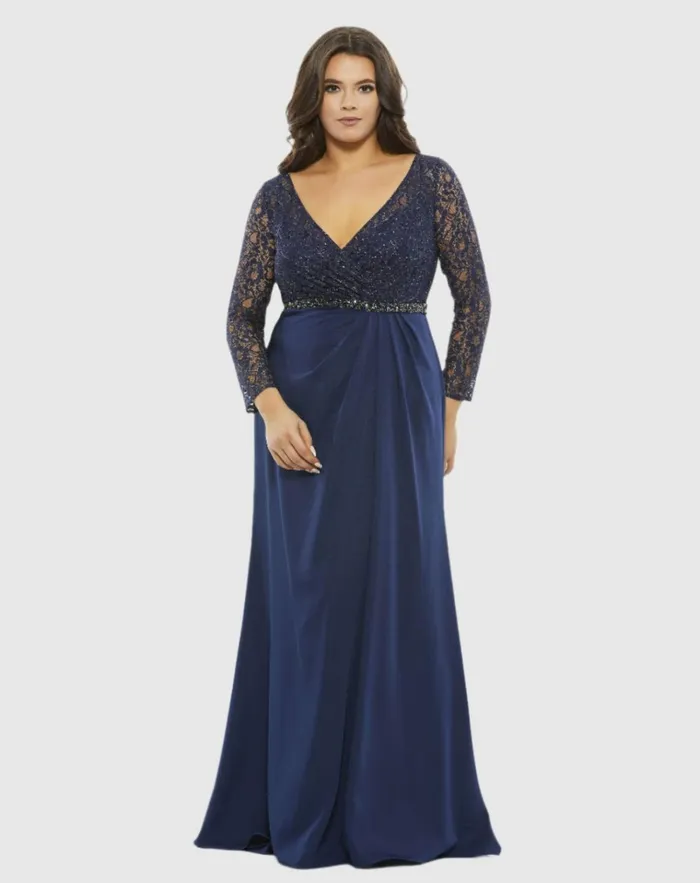 Women Plus Size Dresses Mac Duggal Lace Illusion Long Sleeve VNeck Draped Gown Plus Midnight Women Plus Size Dresses Mac Duggal Lace Illusion Long Sleeve VNeck Draped Gown Plus Midnight