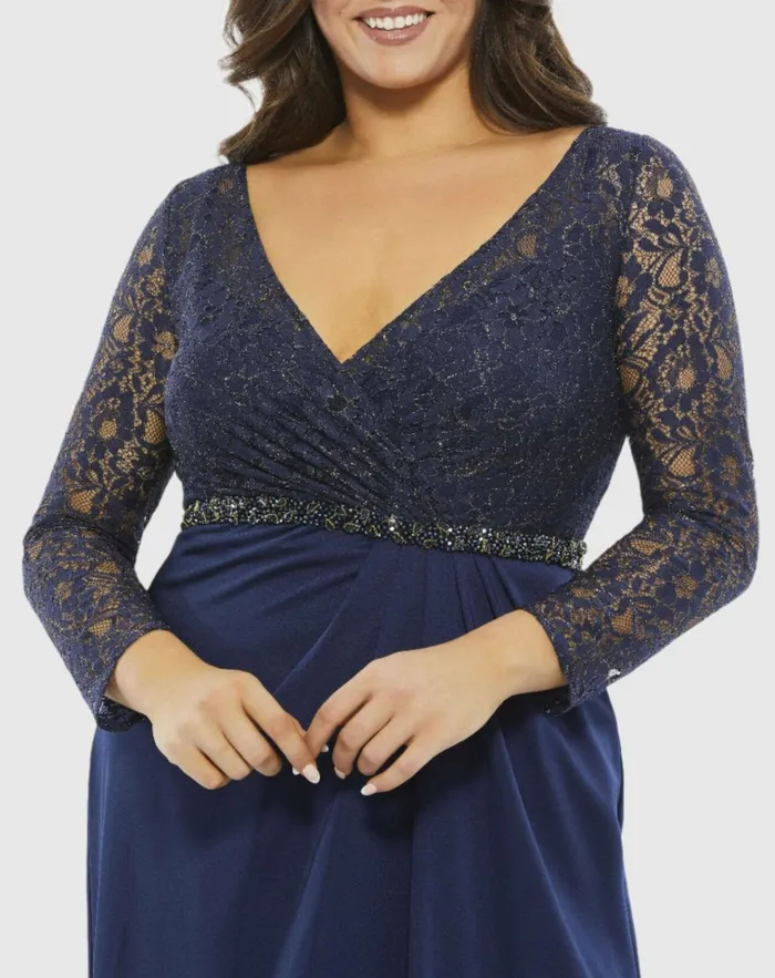 Women Plus Size Dresses Mac Duggal Lace Illusion Long Sleeve VNeck Draped Gown Plus Midnight Women Plus Size Dresses Mac Duggal Lace Illusion Long Sleeve VNeck Draped Gown Plus Midnight