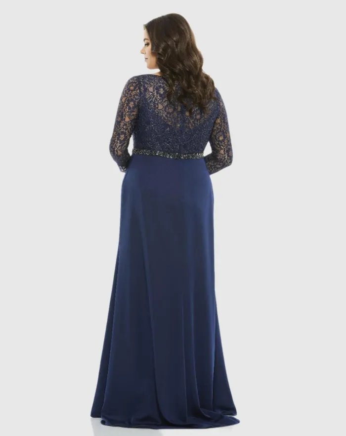 Women Plus Size Dresses Mac Duggal Lace Illusion Long Sleeve VNeck Draped Gown Plus Midnight Women Plus Size Dresses Mac Duggal Lace Illusion Long Sleeve VNeck Draped Gown Plus Midnight