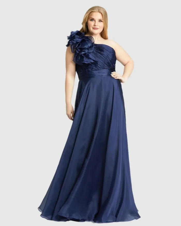 Women Plus Size Dresses Mac Duggal One Shoulder Ruffle Evening Gown Plus Midnight