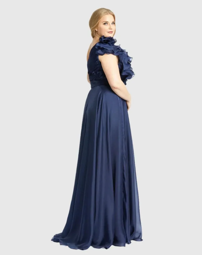 Women Plus Size Dresses Mac Duggal One Shoulder Ruffle Evening Gown Plus Midnight