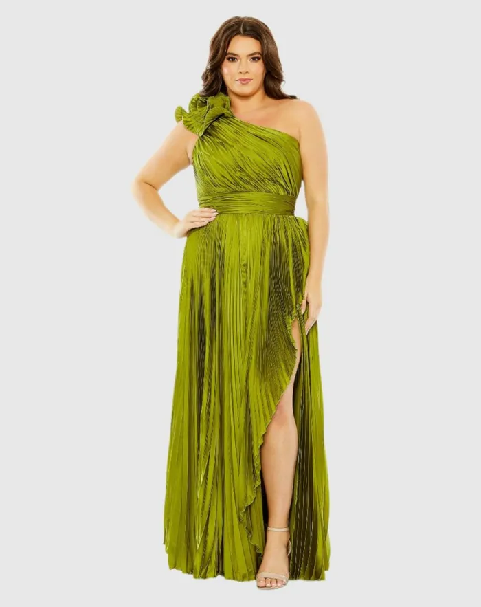 Women Plus Size Dresses Mac Duggal Pleated One Shoulder Rosette Detail Dress Apple Green Women Plus Size Dresses Mac Duggal Pleated One Shoulder Rosette Detail Dress Apple Green