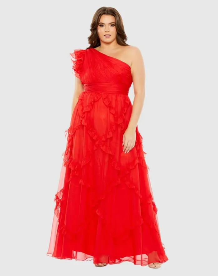 Women Plus Size Dresses Mac Duggal Ruffled One Shoulder Ruched Plus Size Dress Red