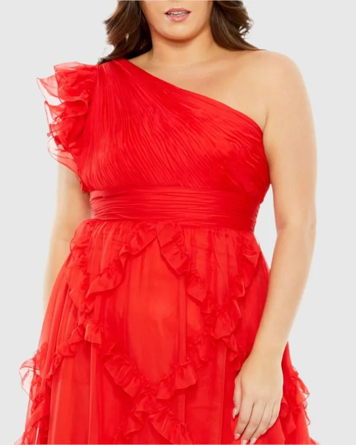 Women Plus Size Dresses Mac Duggal Ruffled One Shoulder Ruched Plus Size Dress Red