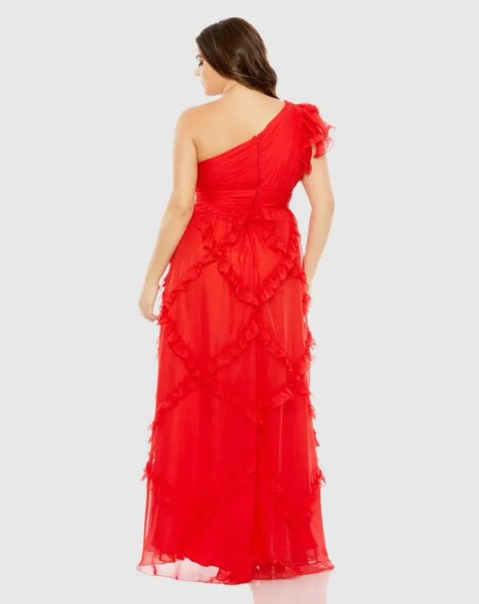 Women Plus Size Dresses Mac Duggal Ruffled One Shoulder Ruched Plus Size Dress Red
