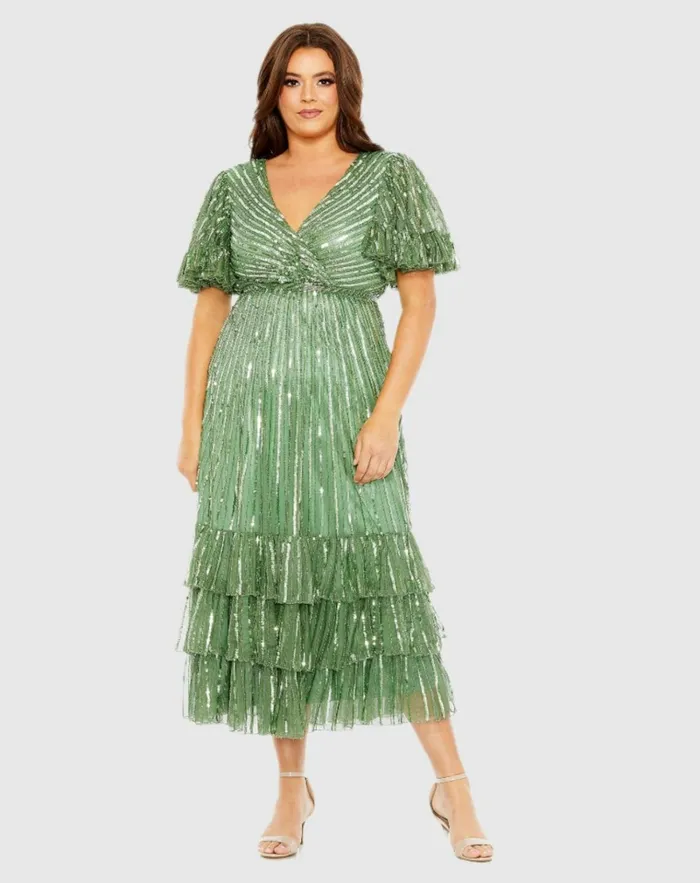 Women Plus Size Dresses Mac Duggal Sequin Faux Wrap Flutter Sleeve Ruffle Dress Sage