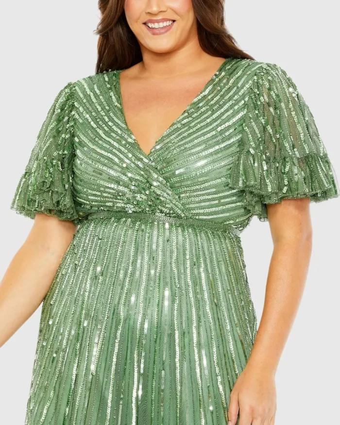 Women Plus Size Dresses Mac Duggal Sequin Faux Wrap Flutter Sleeve Ruffle Dress Sage Women Plus Size Dresses Mac Duggal Sequin Faux Wrap Flutter Sleeve Ruffle Dress Sage