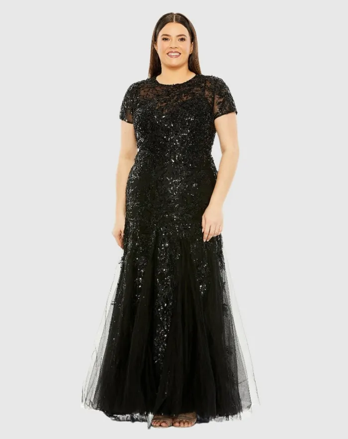 Women Plus Size Dresses Mac Duggal Short Sleeve Heavy Applique Dress Black
