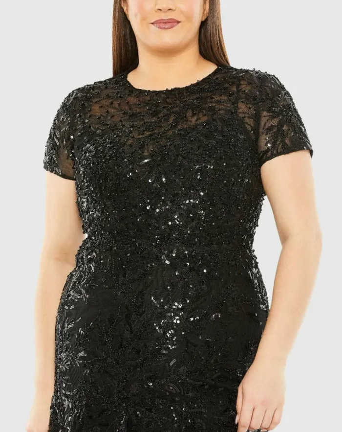 Women Plus Size Dresses Mac Duggal Short Sleeve Heavy Applique Dress Black Women Plus Size Dresses Mac Duggal Short Sleeve Heavy Applique Dress Black