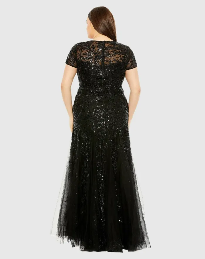 Women Plus Size Dresses Mac Duggal Short Sleeve Heavy Applique Dress Black Women Plus Size Dresses Mac Duggal Short Sleeve Heavy Applique Dress Black
