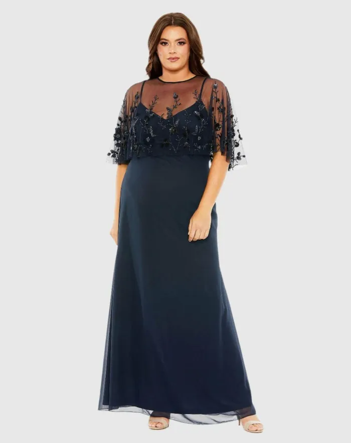 Women Plus Size Dresses Mac Duggal Sleeveless Dress With Embellished Cape Midnight