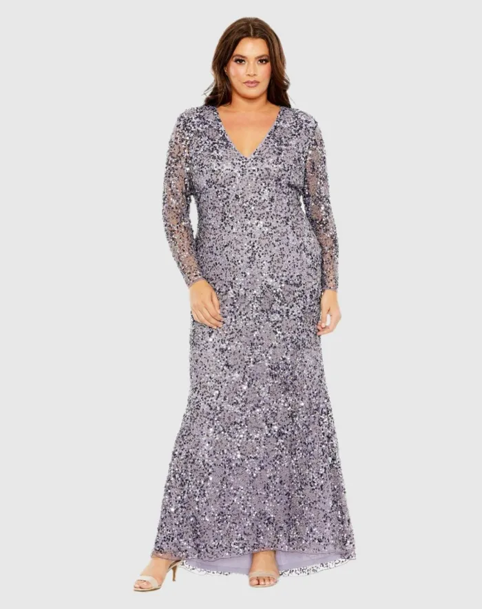 Women Plus Size Dresses Mac Duggal V Neck Embellished Long Sleeve Dress Vintage Lilac