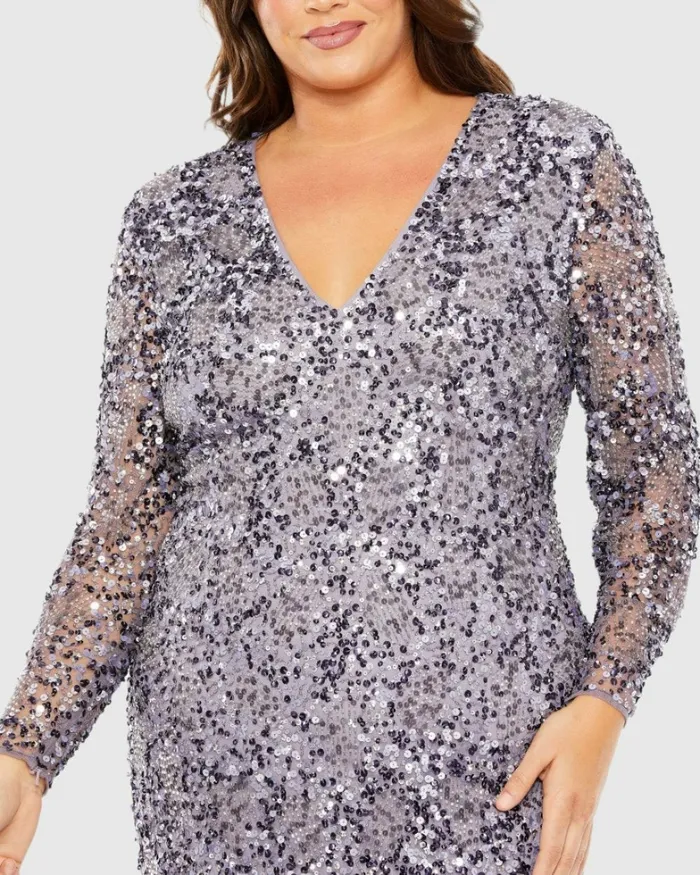 Women Plus Size Dresses Mac Duggal V Neck Embellished Long Sleeve Dress Vintage Lilac Women Plus Size Dresses Mac Duggal V Neck Embellished Long Sleeve Dress Vintage Lilac