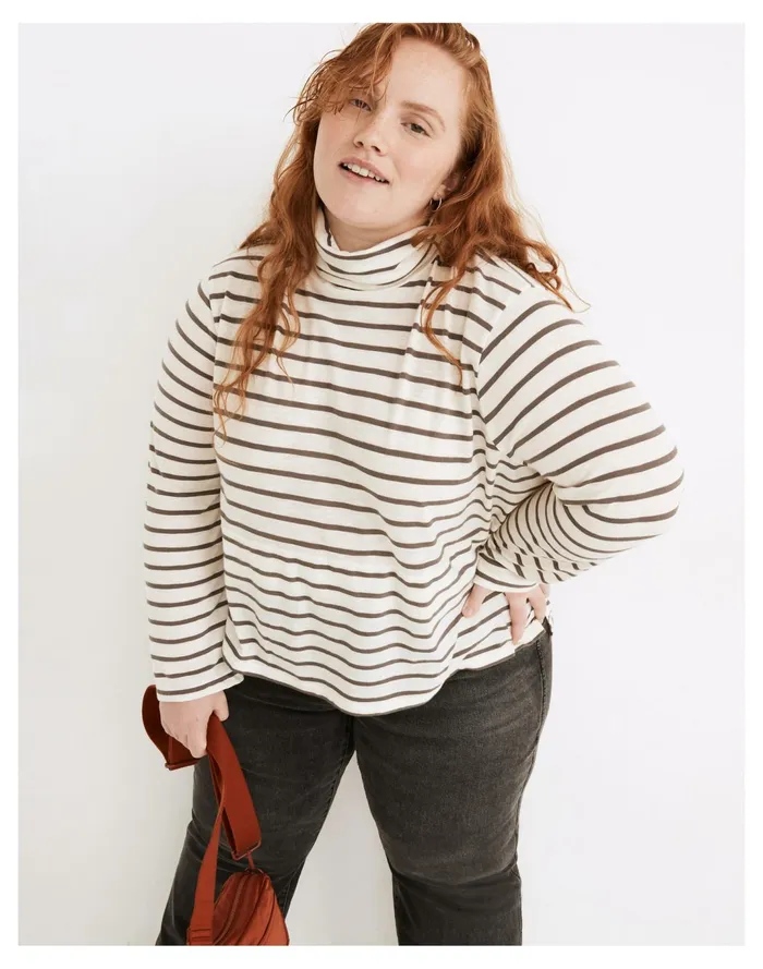 Women Plus Whisper Cotton Turtleneck In Esme Stripe Antique Cream Madewell Tees