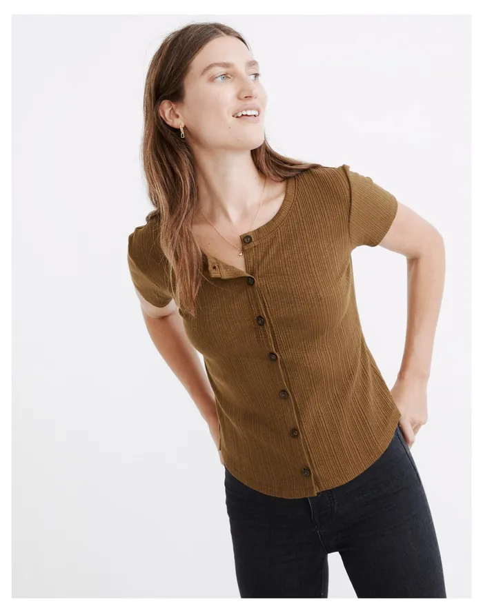 Women Pointelle Button Front Slim Tee Asparagus Madewell Tops and Shirts