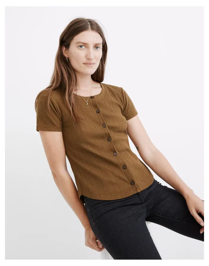 Women Pointelle Button Front Slim Tee Asparagus Madewell Tops and Shirts