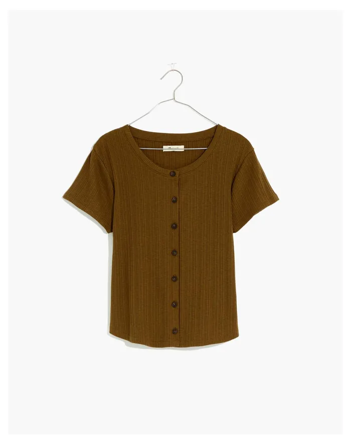 Women Pointelle Button Front Slim Tee Asparagus Madewell Tops and Shirts