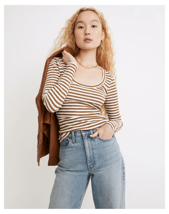 Women Pointelle Square Scoop Tee In Stripe Weathered Olive Madewell Tees