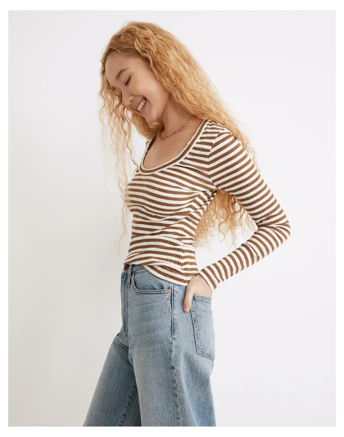 Women Pointelle Square Scoop Tee In Stripe Weathered Olive Madewell Tees