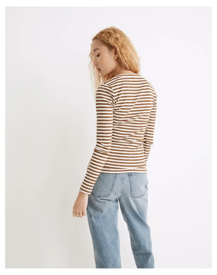 Women Pointelle Square Scoop Tee In Stripe Weathered Olive Madewell Tees