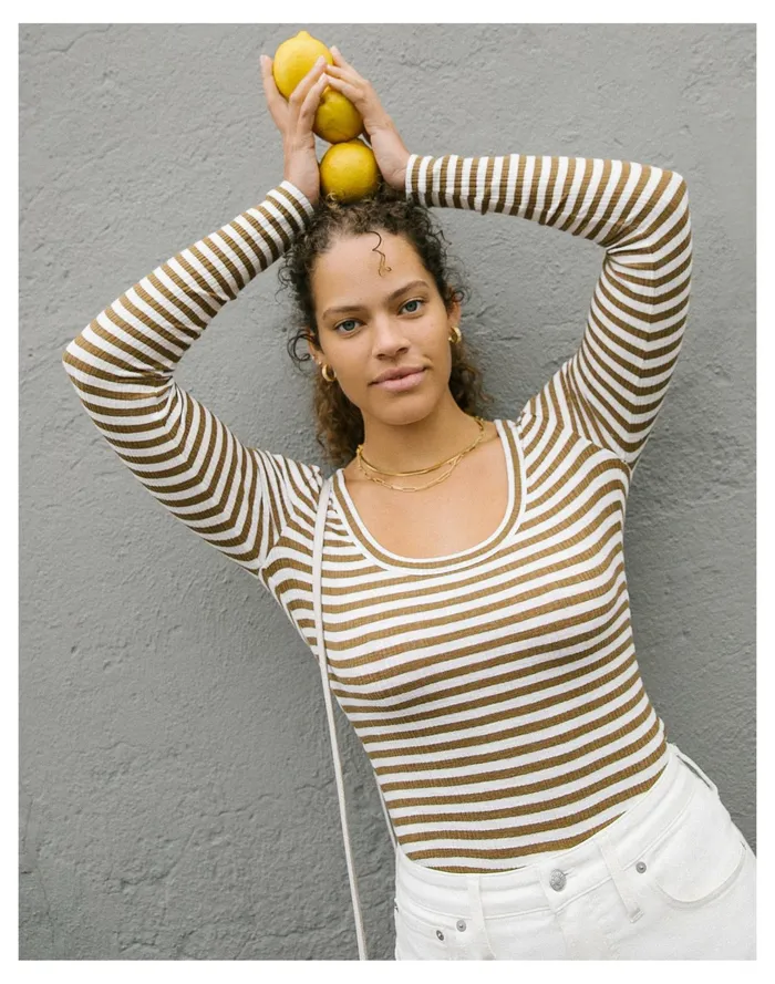 Women Pointelle Square Scoop Tee In Stripe Weathered Olive Madewell Tees