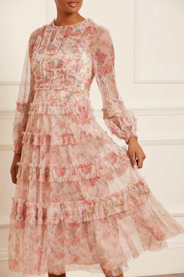 Women Printed Dresses Needle and Thread Floral Wreath Ruffle Ballerina Dress Pink