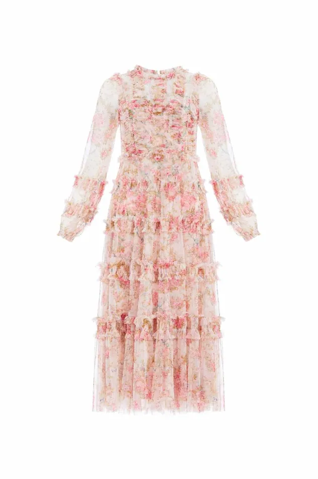 Women Printed Dresses Needle and Thread Floral Wreath Ruffle Ballerina Dress Pink