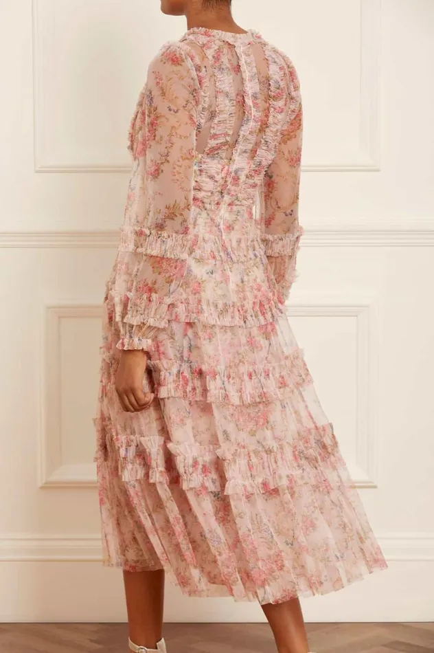 Women Printed Dresses Needle and Thread Floral Wreath Ruffle Ballerina Dress Pink