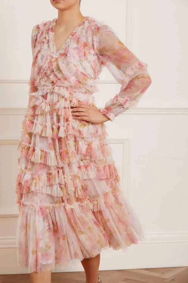 Women Printed Dresses Needle and Thread Rose Bluebell Ruffle Ballerina Dress Pink