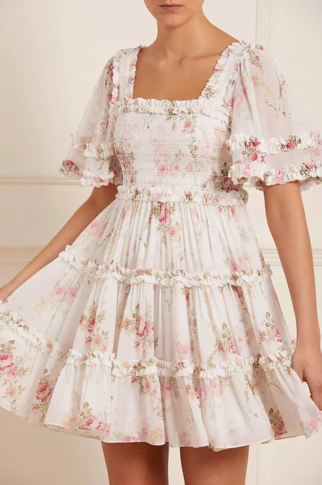 Women Printed Dresses Needle and Thread Trailing Blooms Chiffon Smocked Micro Mini Dress Multi