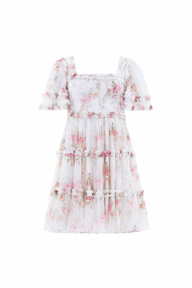 Women Printed Dresses Needle and Thread Trailing Blooms Chiffon Smocked Micro Mini Dress Multi